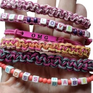 Lot of 7 Friendship Bracelet's pink peach pull size bands and stretch OSFM